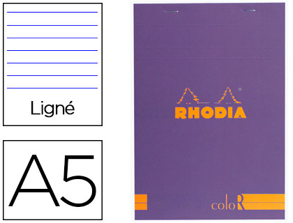 BLOC AGRAFÉ RHODIA COLOR N.16 A5 14.8x21CM COUVERTURE PELLICULÉE VIOLET 70F 90G LIGNÉ MICROPERFORÉ VIOLET