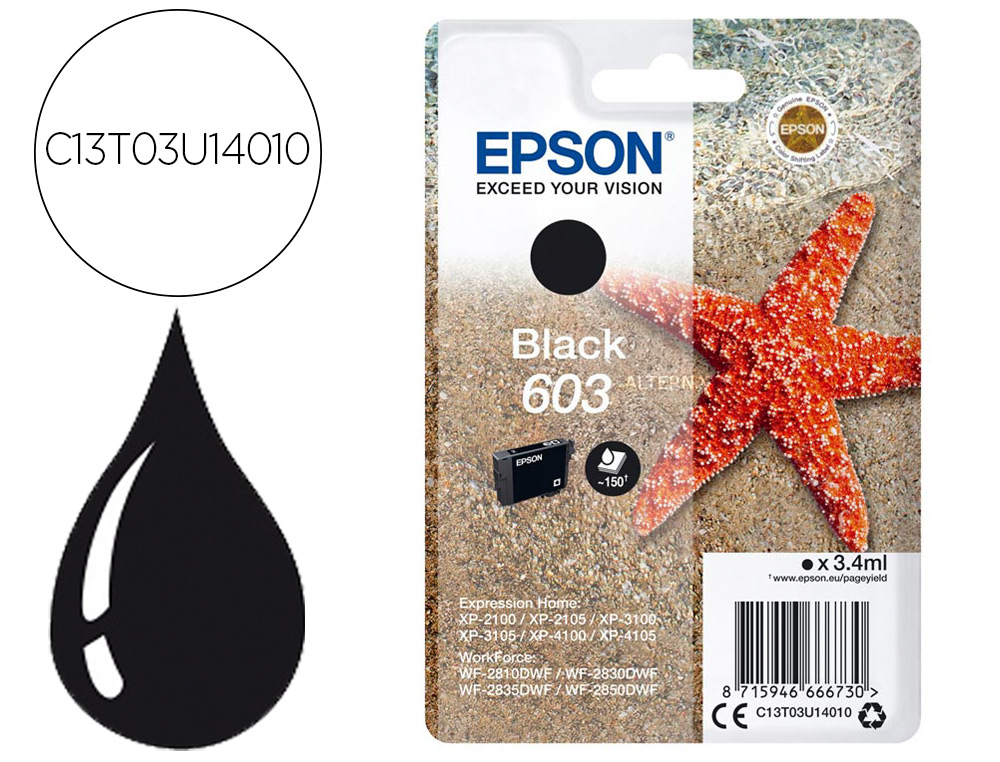 CARTOUCHE ENCRE EPSON  603 XP-2100 / 3100 / 4100 /       WF-2810 / 2830 / 2835 / 2850  COULEUR NOIR 150 PAGES