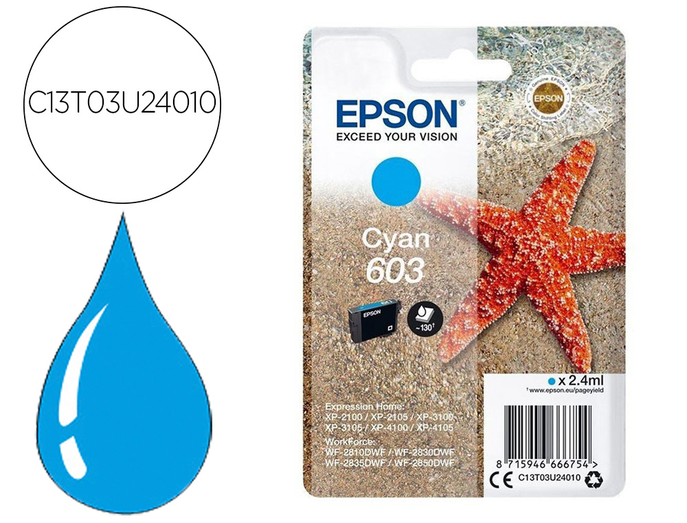 CARTOUCHE ENCRE EPSON  603 XP-2100 / 3100 / 4100 /       WF-2810 / 2830 / 2835 / 2850  COULEUR CYAN 130 PAGES