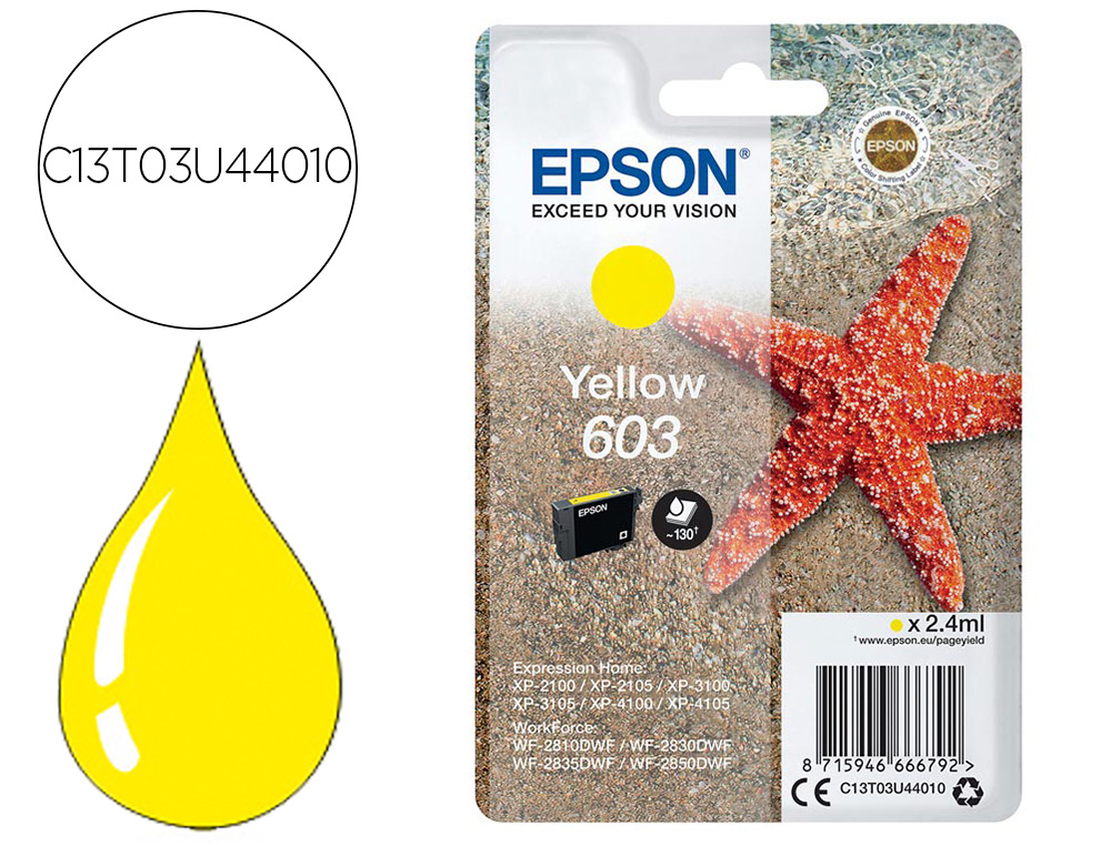 CARTOUCHE ENCRE EPSON  603 XP-2100 / 3100 / 4100 /       WF-2810 / 2830 / 2835 / 2850  COULEUR JAUNE 130 PAGES