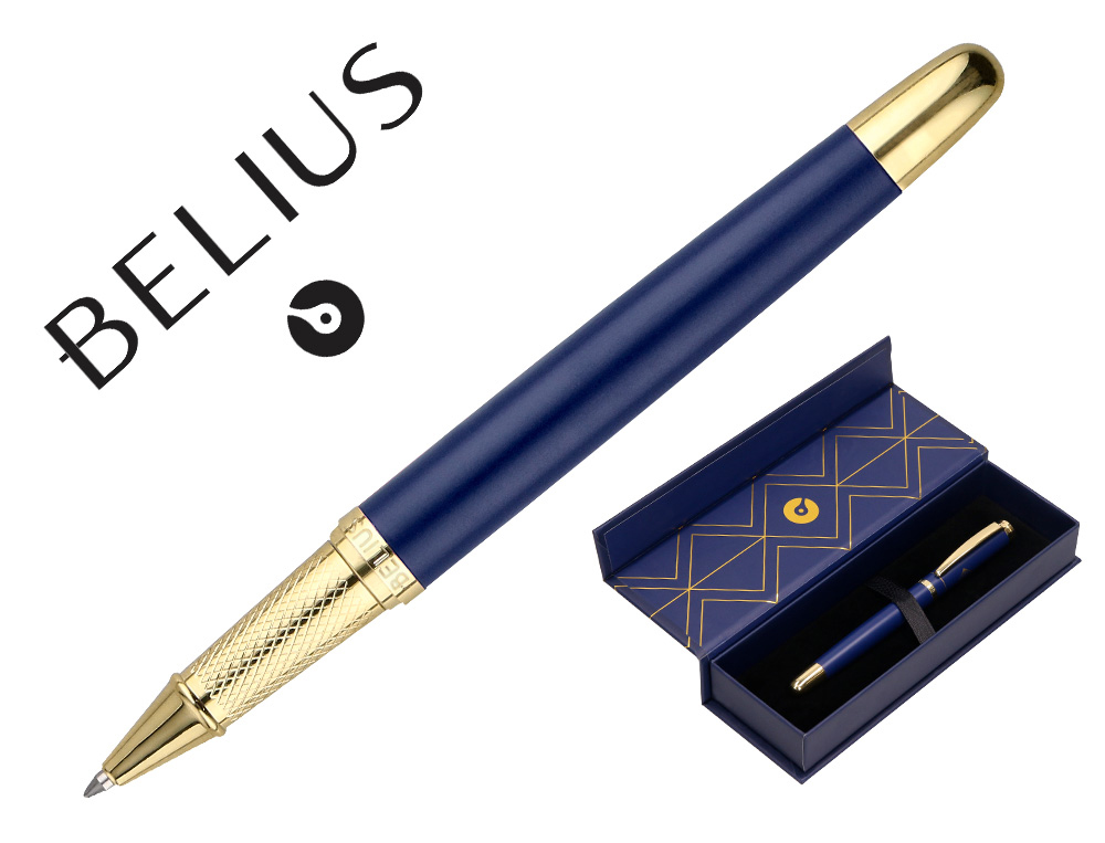 STYLO-BILLE BELIUS SOIREE ALUMINIUM DETAILS ET ATTRIBUTS OR ENCRE BLEUE COLORIS BLEU MARINE DANS COFFRET CADEAU