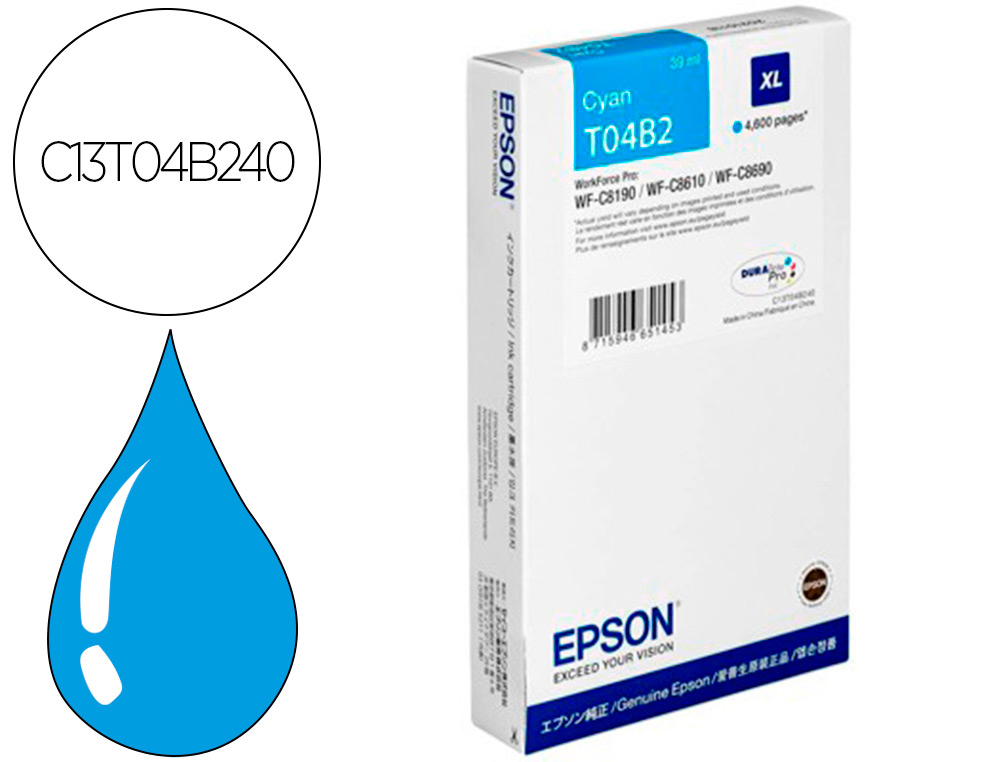 CARTOUCHE EPSON JET D'ENCRE T04B2 COULEUR CYAN 4600 PAG