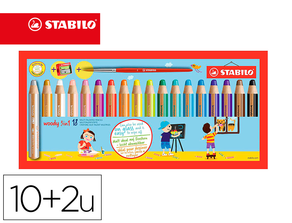 CRAYON COULEUR STABILO WOODY MULTI TALENT 18 CRAYONS 3 EN  1 ARTY +1 PINCEAU ROND TAILLE 8 + 1 TAILLE CRAYON