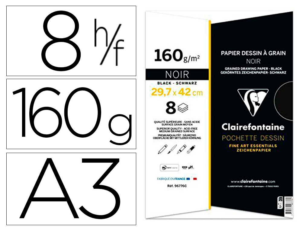 PAPIER DESSIN   GRAIN CLAIREFONTAINE A3 NOIR 160GR  8F