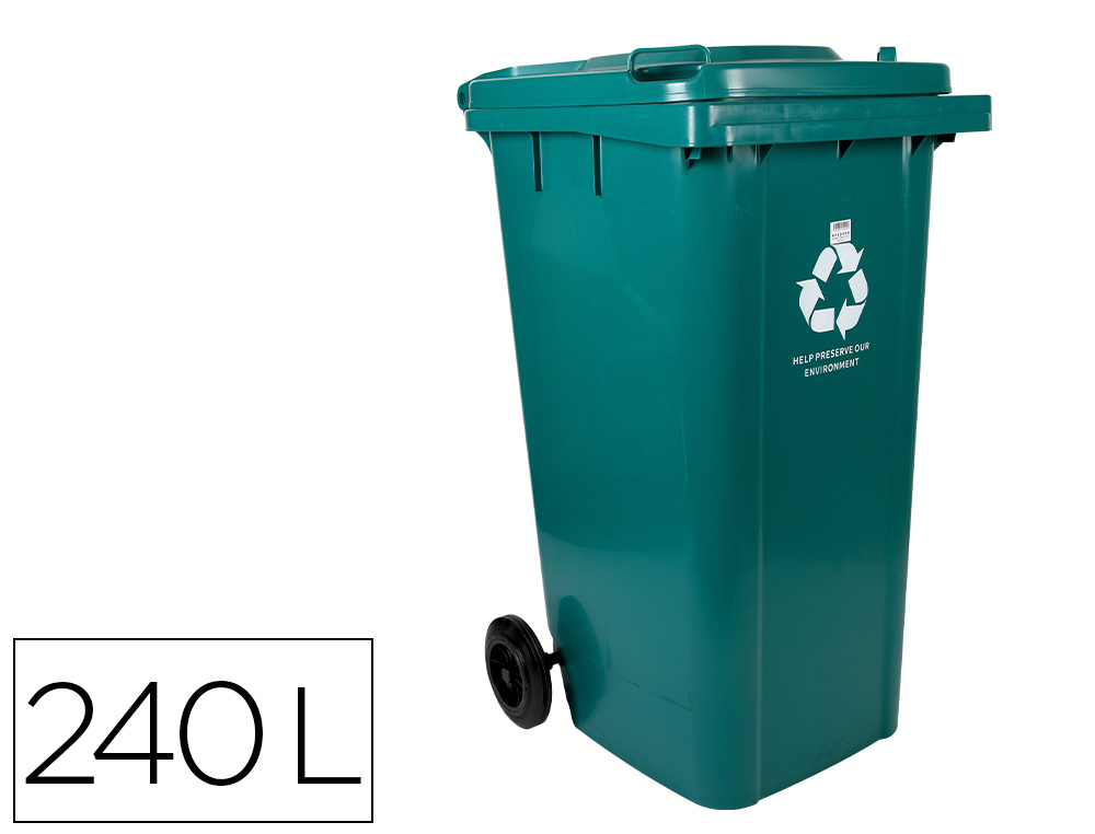 POUBELLE CONTENEUR Q-CONNECT PLASTIQUE AVEC COUVERCLE ET   ROUES CAPACITE 240L           1040X620X610 MM COLORIS VERT