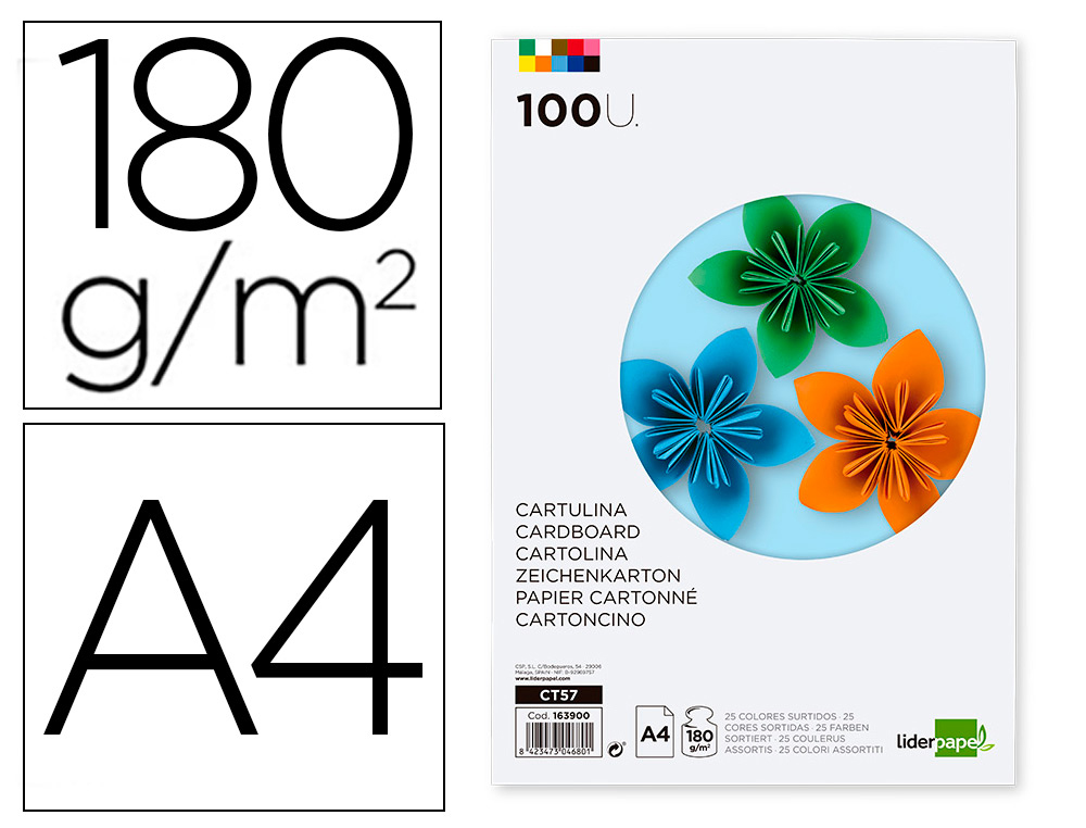 PAPIER CARTONNE LIDERPAPEL A4 180GR COLORIS ASSORTIS PAQUET 100 FEUILLES