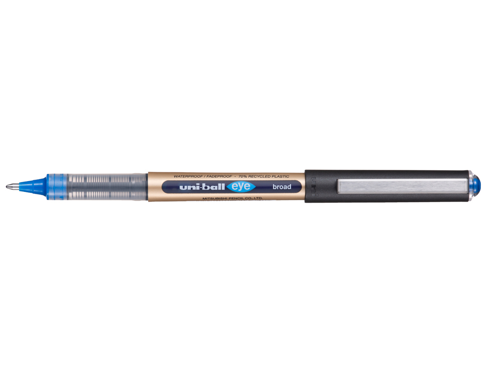 ROLLER UNIBALL EYE PLASTIQUE RECYCLE ENCRE LIQUIDE         ECRITURE LARGE POINTE METAL   COLORIS BLEU