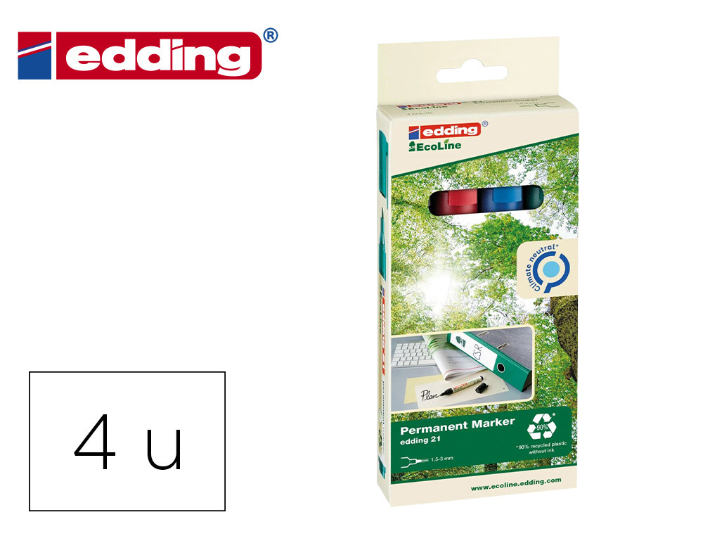 MARQUEUR EDDING 21 ECOLINE PERMANENT RECHARGEABLE POINTE OGIVE 1,5/3MM COLORIS         ASSORTIS PACK 4 UNITES