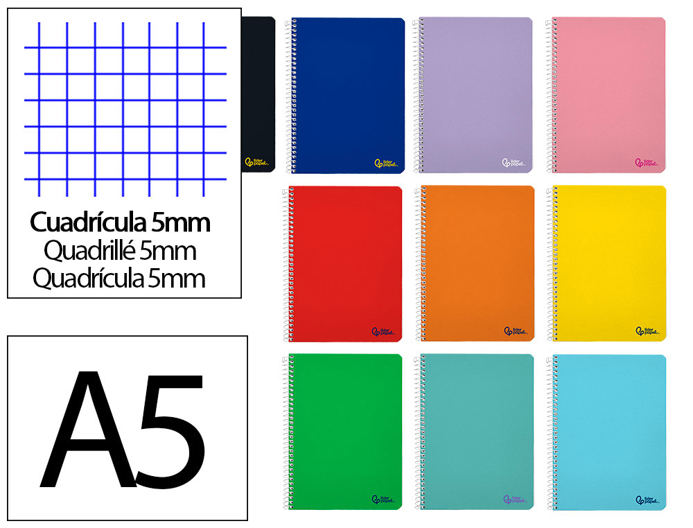 CAHIER SPIRALE LIDERPAPEL A5 SERIE SMART COUVERTURE        CARTONNEE SOUPLE 80F 75G/M2   5X5MM DOUBLE MARGE 6 TROUS