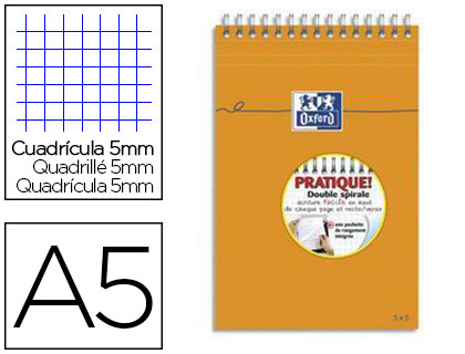 BLOC OXFORD MÉMO OPTIK PAPER RELIURE INTÉGRALE 148X210MM 80F NON PERFORÉES RÉGLURE 5X5MM