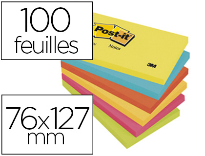 BLOC-NOTES POST-IT COULEURS ÉNERGIQUES 76X127M 100F REPOSITIONNABLES 5 COLORIS ASSORTIS 6 BLOCS