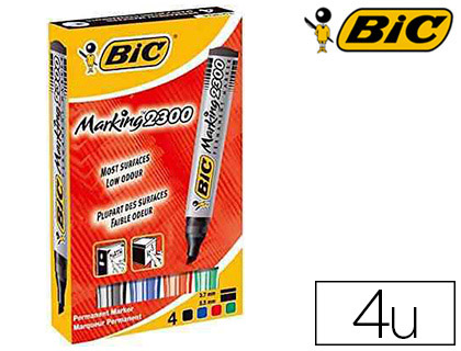 MARQUEUR BIC PERMANENT MARKING 2300 POINTE BISEAUTÉE TRACÉ 3/5MM CORPS PLASTIQUE ENCRE BASE ALCOOL BOÎTE 4 UNITÉS