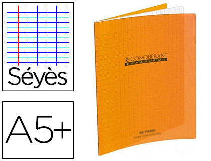 CAHIER PIQUÉ CONQUÉRANT CLASSIQUE COUVERTURE POLYPROPYLÈNE RIGIDE TRANSPARENTE A5+ 17X22CM 60 PAGES 90G SÉYÈS ORANGE