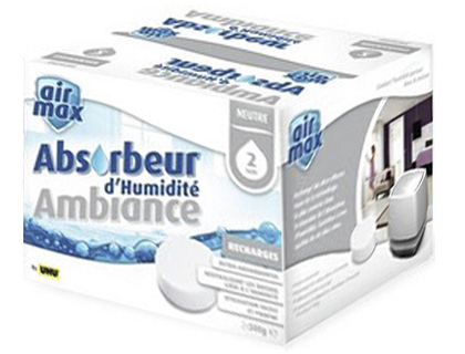 ABSORBEUR HUMIDITÉ AIR MAX AMBIANCE EFFICACITÉ OPTIMALE SYSTÈME ANTI-FUITES ÉCOLOGIQUE COLORIS GRIS/BLANC BOÎTE 100G