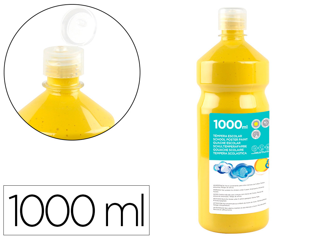 GOUACHE SCOLAIRE LIDERPAPEL LIQUIDE LAVABLE FERMETURE SCURIT BRILLANTE COLORIS JAUNE FLACON 1000ML