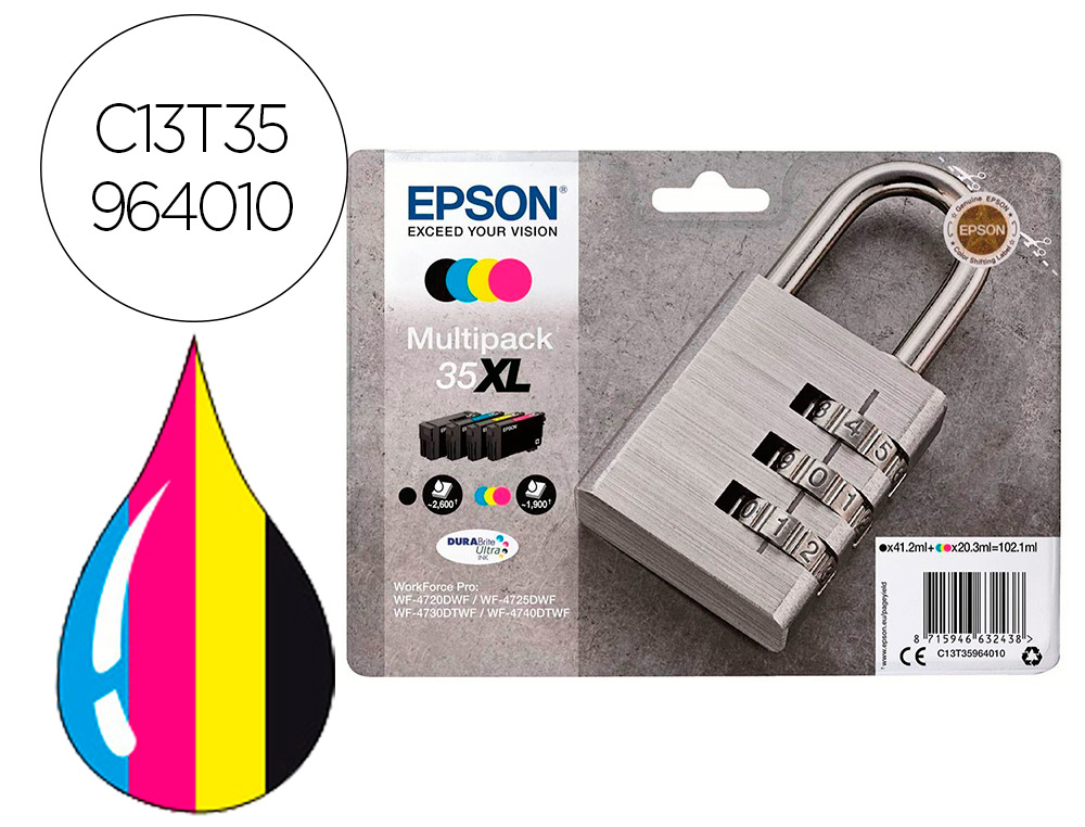 CARTOUCHE EPSON JET D'ENCRE 35XL DURABRITE CADENAS COLORIS NOIR JAUNE CYAN MAGENTA MULTIPACK 4 UNITÉS