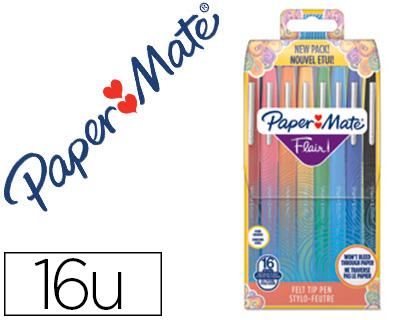 STYLO-FEUTRE PAPER MATE FLAIR TROPICAL POINTE MOYENNE 1MM CLIP MÉTAL MODERNE CORPS TEXTURE MATE BOÎTE DE 16 UNITÉS