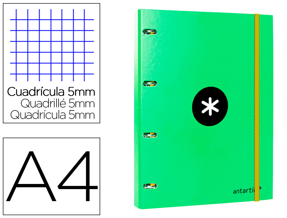 CLASSEUR ANTARTIK 4 ANNEAUX RONDS 25MM A4 CARTON REMBORD FEUILLETS MOBILES QUADRILLAGE 5MM COLORIS VERT