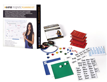 KIT PLANNING BI-OFFICE TABLEAU BLANC 5 FEUILLES MAGNÉTIQUES 3 RUBANS MAGNÉTIQUES 5MM 10 AIMANTS 15MM 305X215X15CM