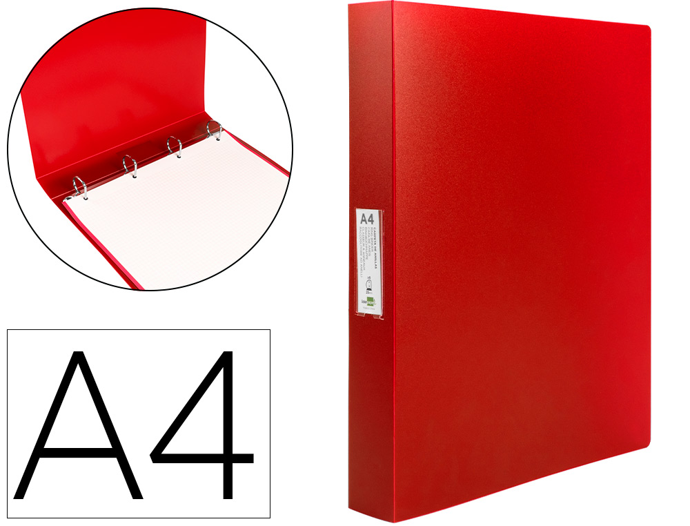 CLASSEUR LIDERPAPEL 4 ANNEAUX 25MM A4 260X315MM POLYPROPYLENE DOS 40MM PORTE-CARTES VISITE COLORIS ROUGE