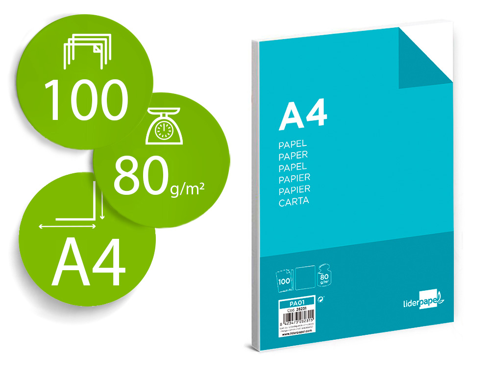 PAPIER CRITURE LIDERPAPEL A4 210X297MM BLANCHEUR EXTRA OPACIT 80G/M2 PAQUET 100 FEUILLES