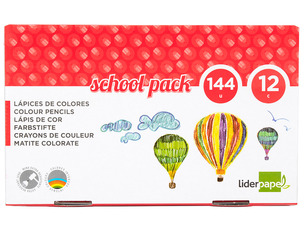 CRAYON COULEUR LIDERPAPEL MINE EXTRA-RÉSISTANTE 174.5MM ÉCRITURE DOUCE 12 COLORIS INTENSES SCHOOL PACK 144 UNITÉS