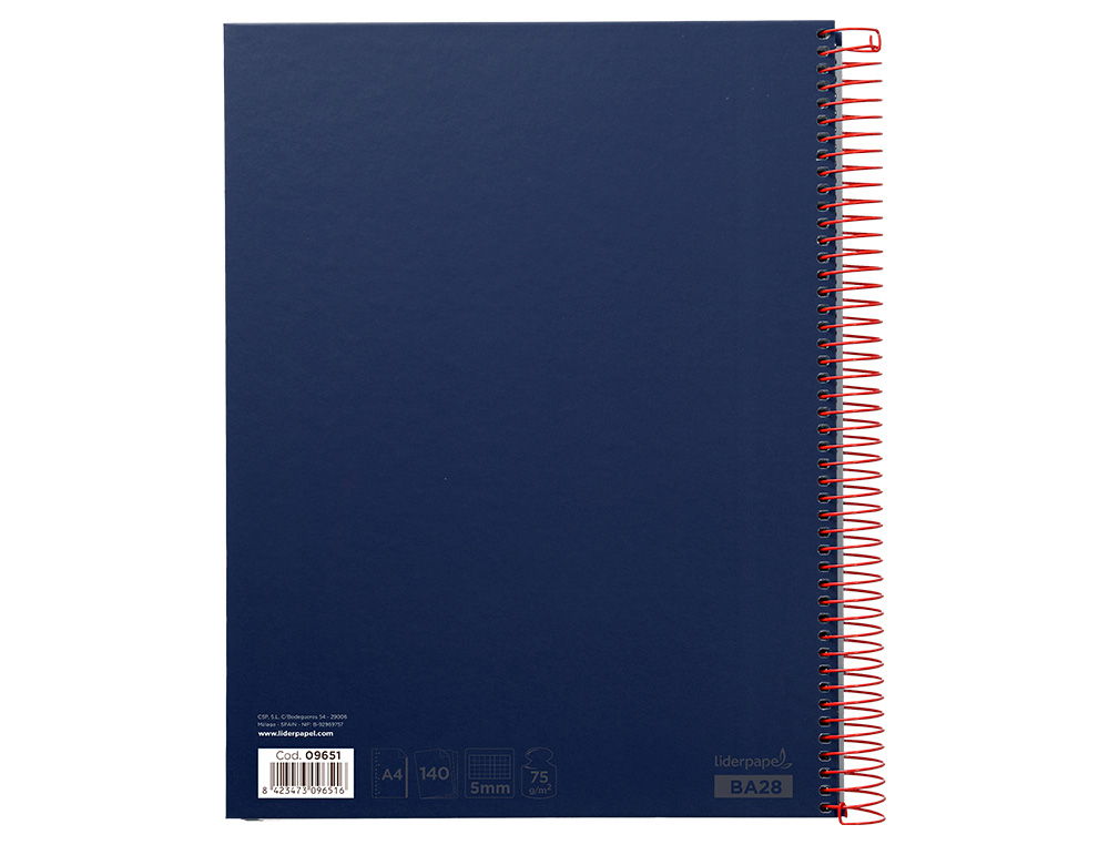 CAHIER SPIRALE LIDERPAPEL JOLLY COUVERTURE CONTRECOLLÉE A4 280P 75G/M2 5X5MM MICROPERFORÉ 4 TROUS COLORIS BLEU MARINE