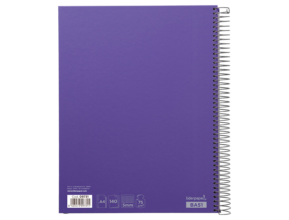 CAHIER SPIRALE LIDERPAPEL JOLLY COUVERTURE CONTRECOLLÉE A4 280P 75G/M2 5X5MM MICROPERFORÉ 4 TROUS COLORIS VIOLET