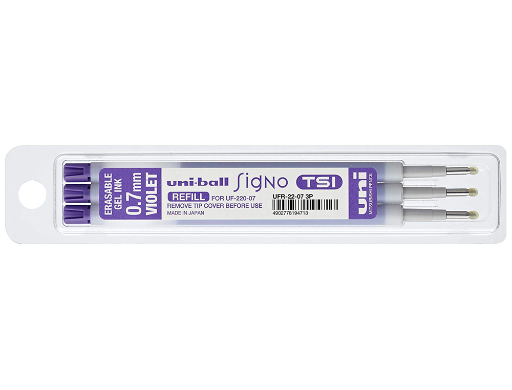 RECHARGE UNIBALL ROLLER SIGNO TSI ENCRE GEL EFFAÇABLE POINTE MOYENNE TRACÉ 0.7MM COLORIS VIOLET SET 3 UNITÉS