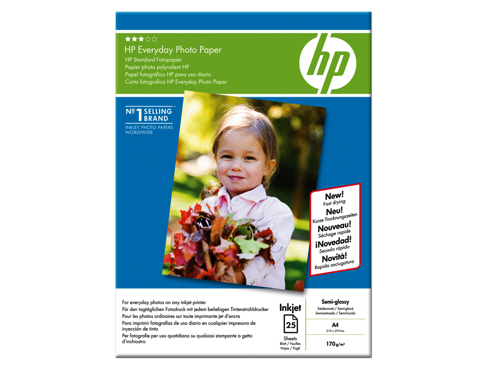 PAPIER PHOTO HP EVERYDAY JET D'ENCRE GLAC SEMI-BRILLANT A4 170G/M2 PAQUET 25 FEUILLES