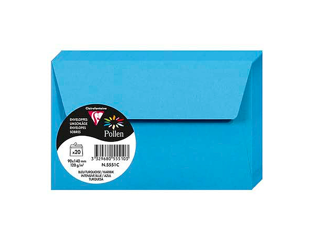 ENVELOPPE CLAIREFONTAINE POLLEN 90X140MM 120G COLORIS BLEU TURQUOISE PAQUET 20 UNITÉS