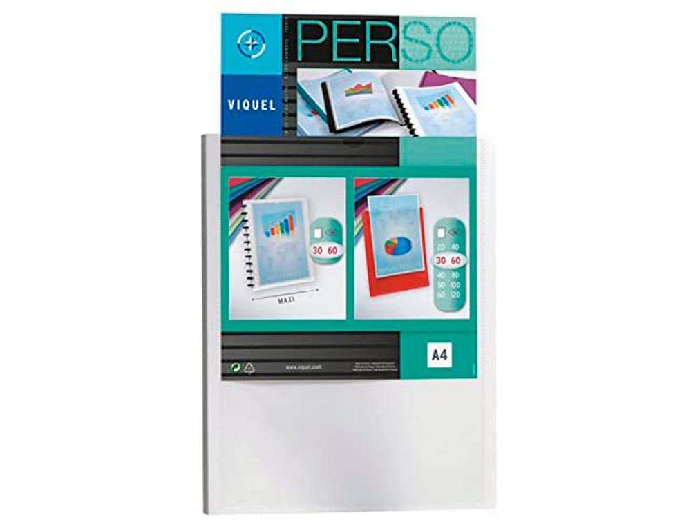 PROTÈGE-DOCUMENTS VIQUEL PERSONNALISABLE POLYPROPYLÈNE 5/10E A4 240X310MM 60 VUES OUVERTURE 180 DEGRÉS COLORIS BLANC