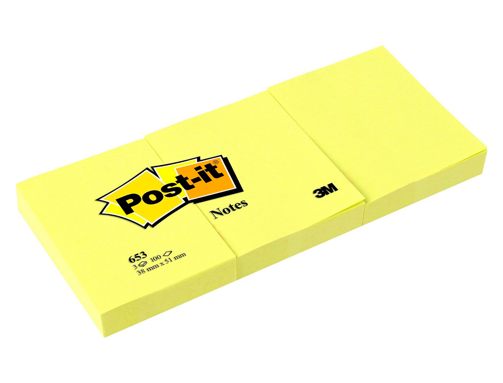 BLOC-NOTES POST-IT 653 51X38MM 100F/BLOC REPOSITIONNABLES COLORIS JAUNE TUI 3 BLOCS