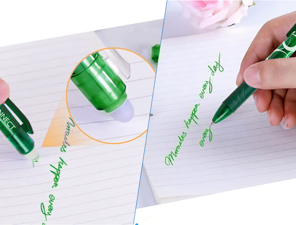 ROLLER Q-CONNECT ÉCRITURE MOYENNE 0.7MM ENCRE EFFAÇABLE GRIP PRÉHENSION GOMME SERTIE COLORIS VERT
