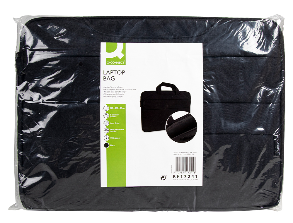 SACOCHE ORDINATEUR Q-CONNECT POIGNEES AMOVIBLES FERMETURE  ECLAIR COMPARTIMENTS EXTERIEURS 39X28X2CM NOIR