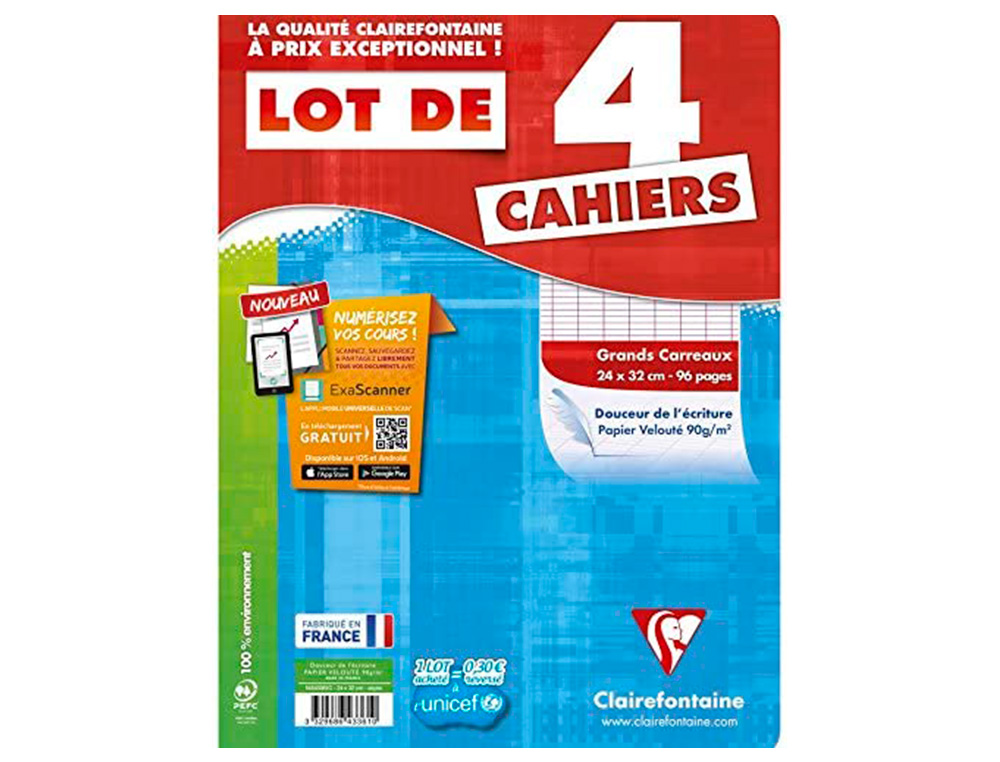 CAHIER PIQUE CLAIREFONTAINE COUVERTURE CARTE PELLICULEE   24X32CM 96 PAGES 90G SEYES    LOT 4 UNITES