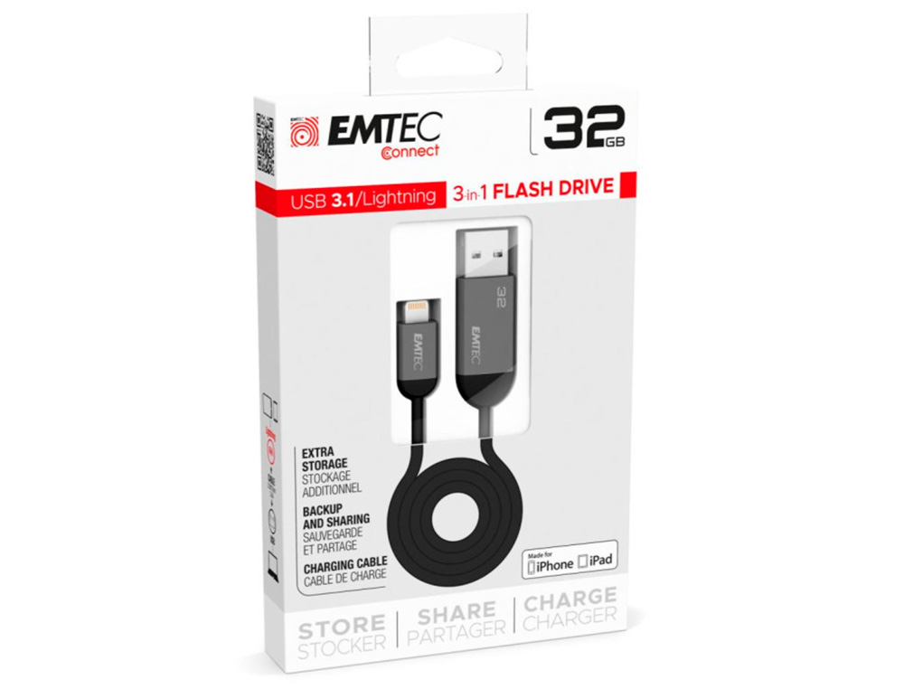 CLE USB DUAL EMTEC 3.1 GEN1 T750A LIGHTNING CORPS METAL   LOGO GRAVURE LASER CAPACITE   32GB COMPATIBLE EMTEC CONNECT