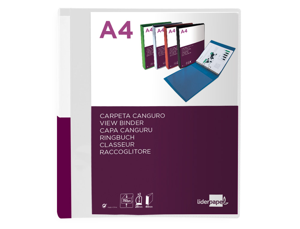 CLASSEUR KANGOUROU LIDERPAPEL 2 ANNEAUX EN D 25MM POLYPROPYLENE 283X320MM DOCUMENT A4 COLORIS
