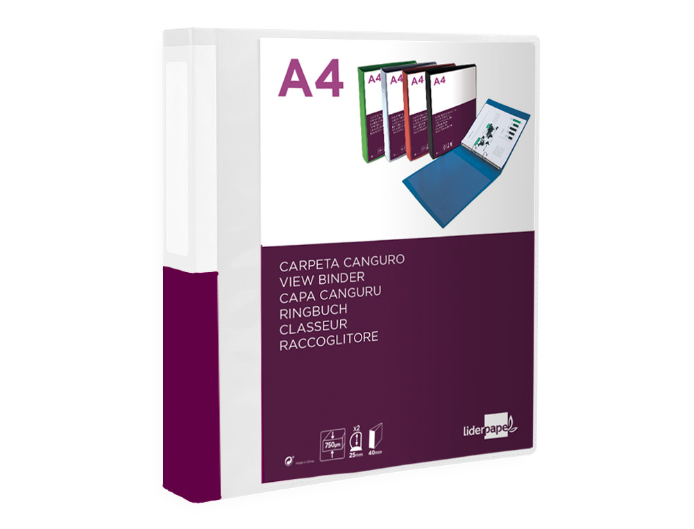 CLASSEUR KANGOUROU LIDERPAPEL 2 ANNEAUX EN D 25MM POLYPROPYLENE 283X320MM DOCUMENT A4 COLORIS
