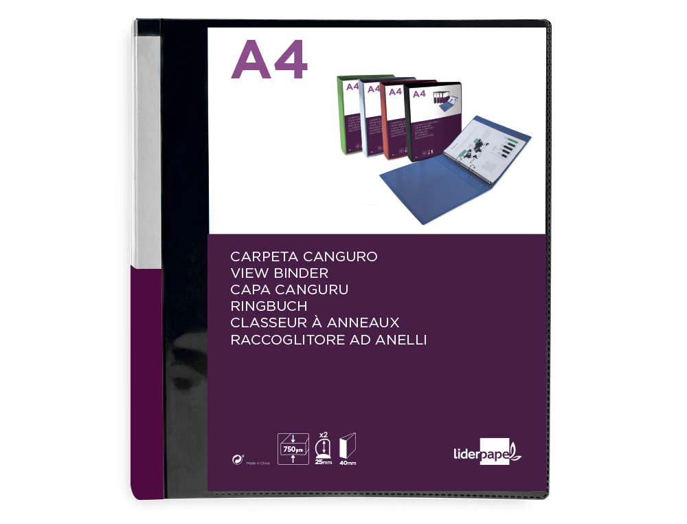 CLASSEUR KANGOUROU LIDERPAPEL 2 ANNEAUX EN D 25MM POLYPROPYLENE 283X320MM DOCUMENT A4 COLORIS NOIR
