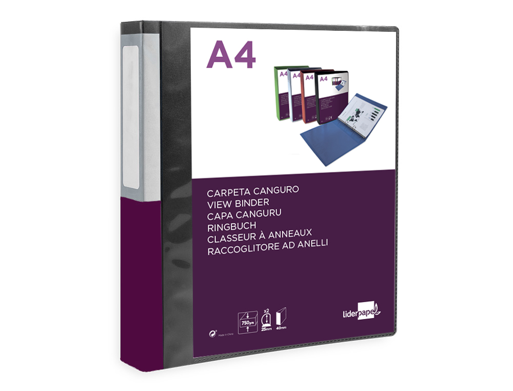 CLASSEUR KANGOUROU LIDERPAPEL 2 ANNEAUX EN D 25MM POLYPROPYLENE 283X320MM DOCUMENT A4 COLORIS NOIR