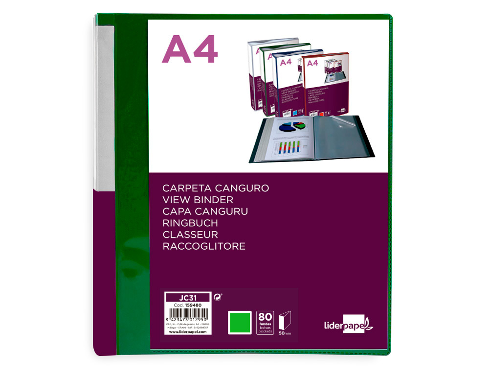PROTEGE-DOCUMENTS LIDERPAPEL PERSONNALISABLE KANGOUROU POLYPROPYLENE 80 POCHETTES FIXES A4 COLORIS VERT