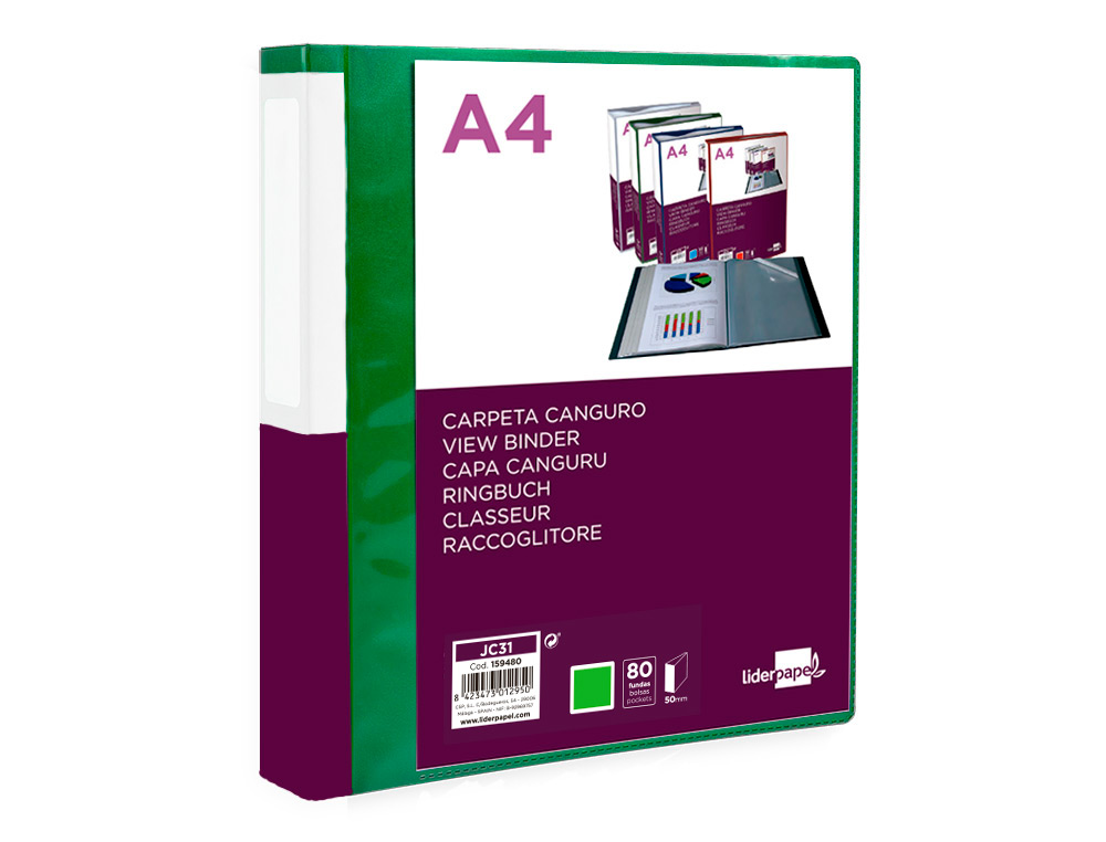 PROTEGE-DOCUMENTS LIDERPAPEL PERSONNALISABLE KANGOUROU POLYPROPYLENE 80 POCHETTES FIXES A4 COLORIS VERT