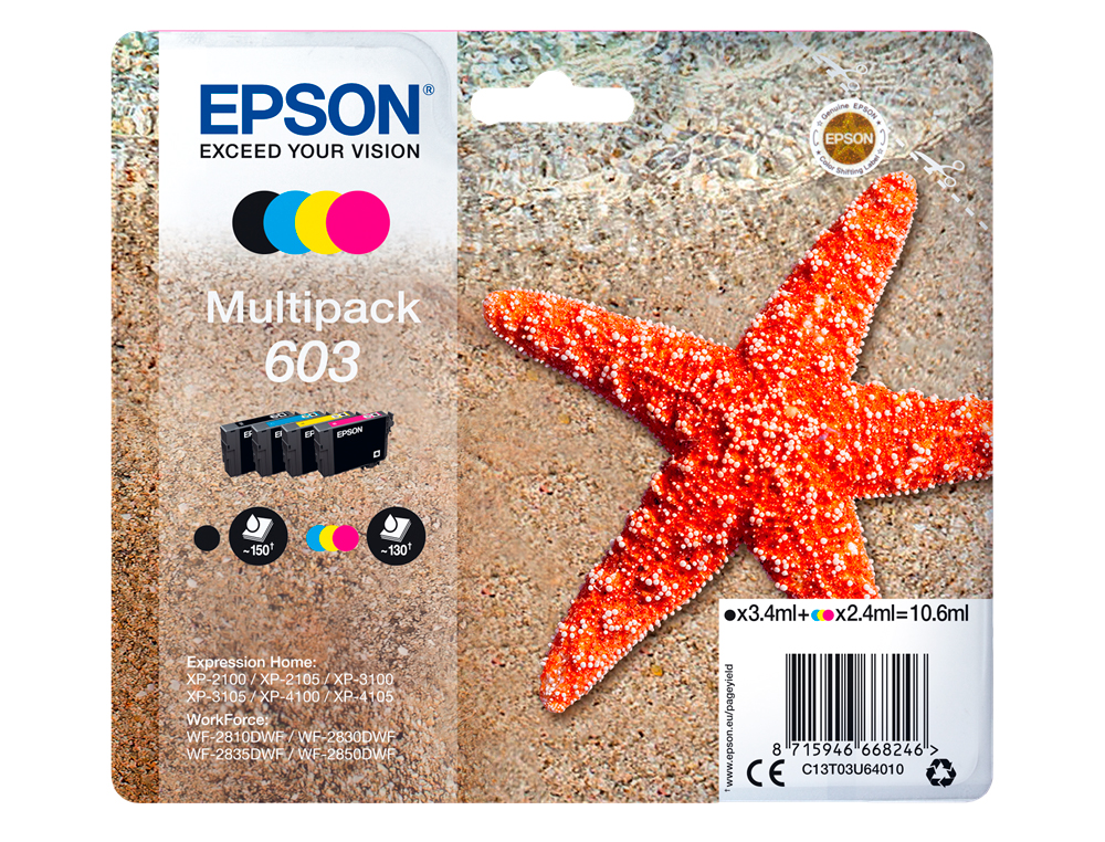 CARTOUCHE ENCRE EPSON 603 XP-2100 / 3100 / 4100 / WF-2810 / 2830 / 2835 / 2850 PACK COULEUR NOIR JAUNE CYAN