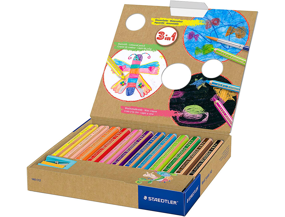 CRAYON COULEUR STAEDTLER NORIS JUNIOR 140 3-EN-1 CRAIE CIRE AQUARELLABLE             TAILLE-CRAYON COLORIS