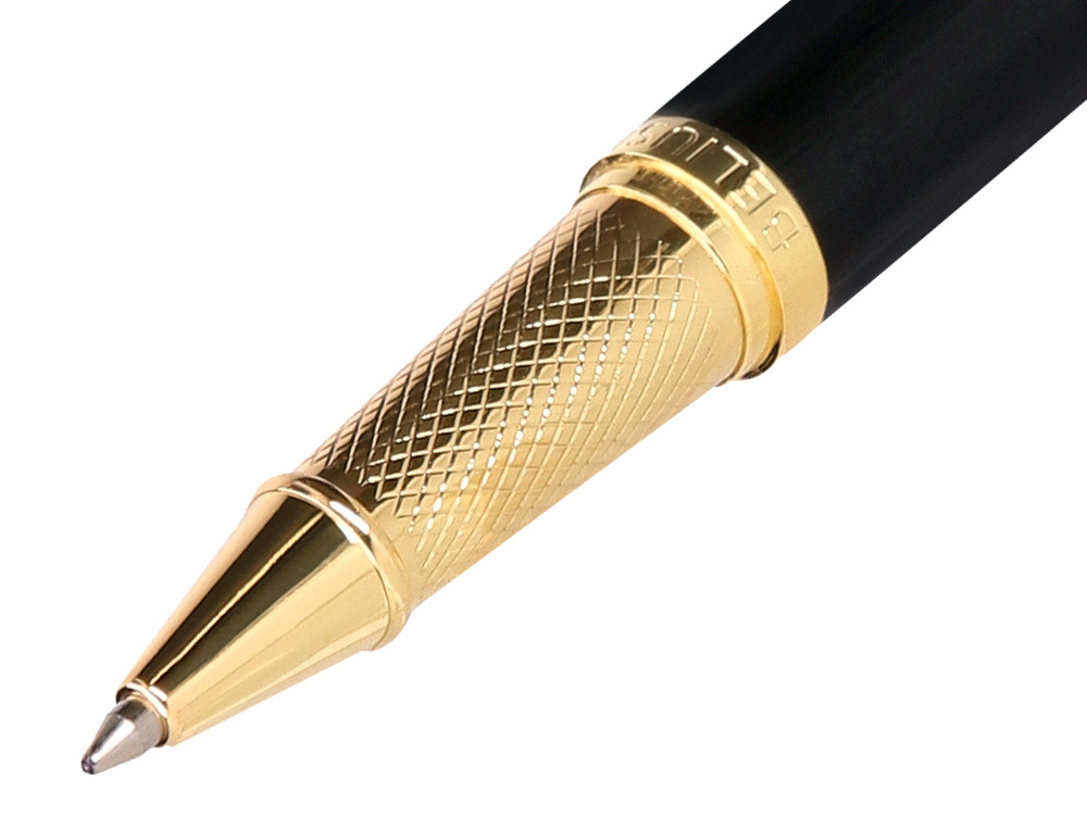 STYLO-BILLE BELIUS PASSION ALUMINIUM BROSSE ATTRIBUTS OR ENCRE BLEUE COLORIS NOIR DANS COFFRET CADEAU