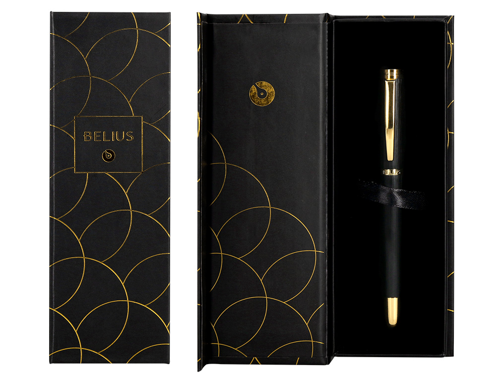 STYLO-BILLE BELIUS PASSION ALUMINIUM BROSSE ATTRIBUTS OR ENCRE BLEUE COLORIS NOIR DANS COFFRET CADEAU