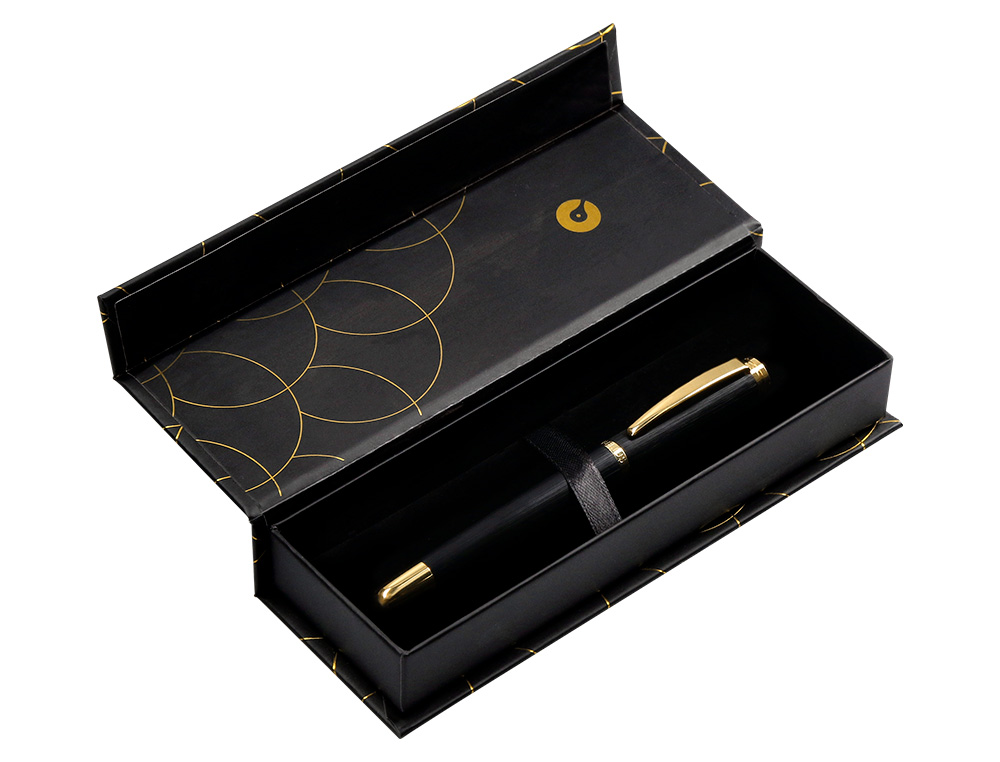 STYLO-BILLE BELIUS PASSION ALUMINIUM BROSSE ATTRIBUTS OR ENCRE BLEUE COLORIS NOIR DANS COFFRET CADEAU