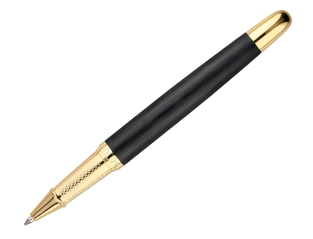 STYLO-BILLE BELIUS PASSION ALUMINIUM BROSSE ATTRIBUTS OR ENCRE BLEUE COLORIS NOIR DANS COFFRET CADEAU