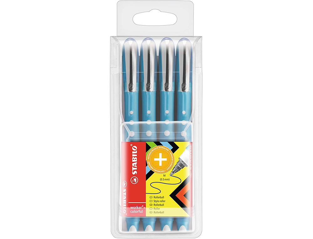 ROLLER STABILO WORKER COLORFUL POINTE EN METAL CORPS PLASTIQUE ENCRE LIQUIDE POCHETTE DE 4U